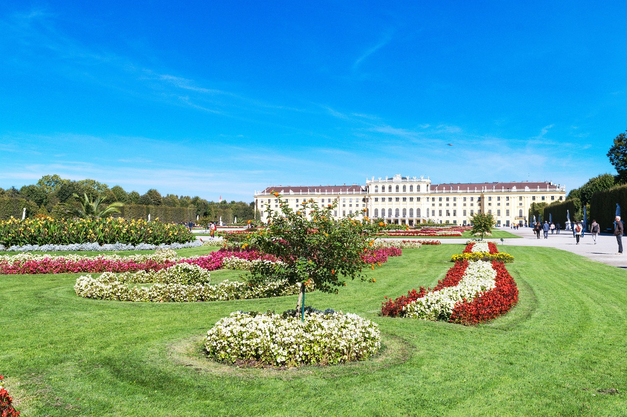 vienna, austria, schlosspark, schloss schonbrunn, building, castle, europe, blue, sky, city, history, nature, construction, travel, landmark, tourist attraction, blue sky, culture